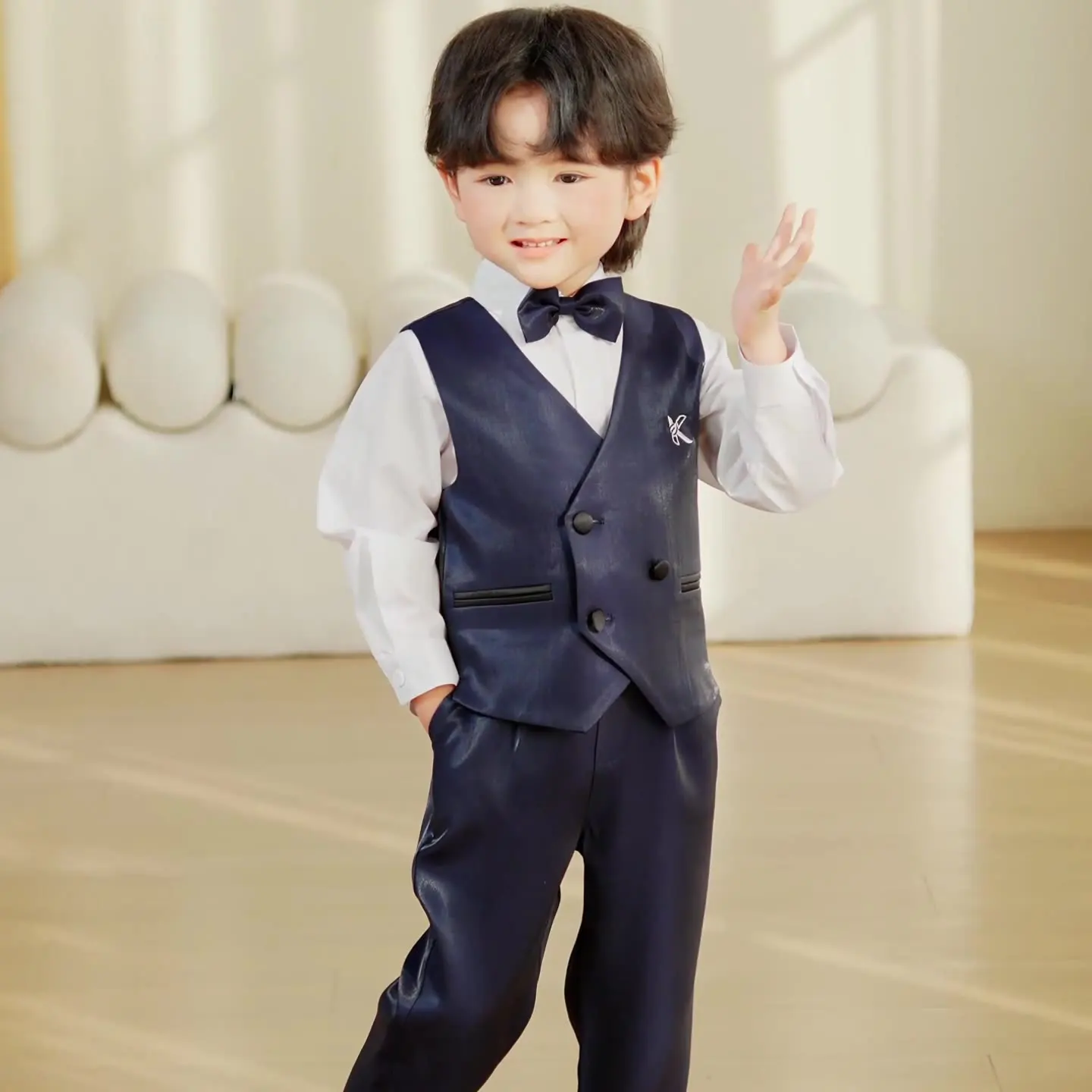 Children Double Breasted Smooth Vest Pants Boys Striped Waistcoat Wedding Clothes Sets Formal Dress Kids Tuxedos School Uniforms