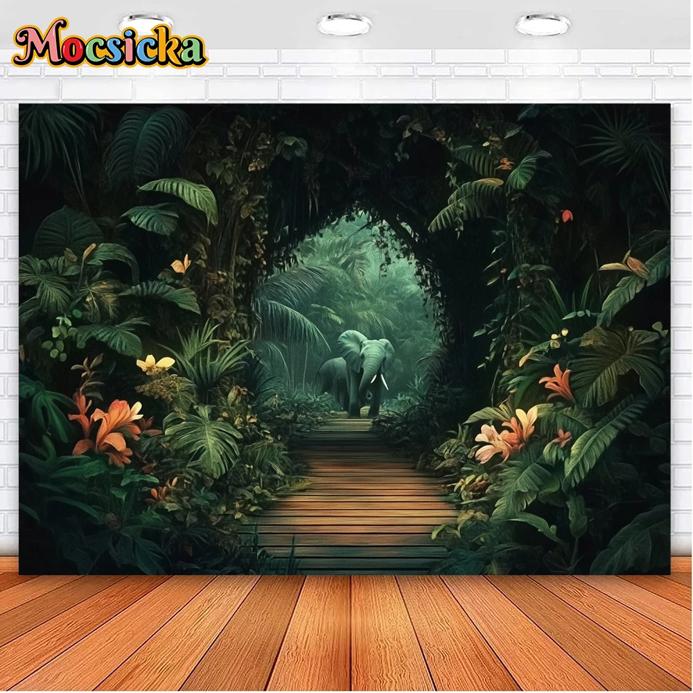 Mocsicka Enchanted Rainforest Lush Greenery Hidden Animals Wooden Path Elephant Tiger Dark Mysterious Depth Photography Backdrop