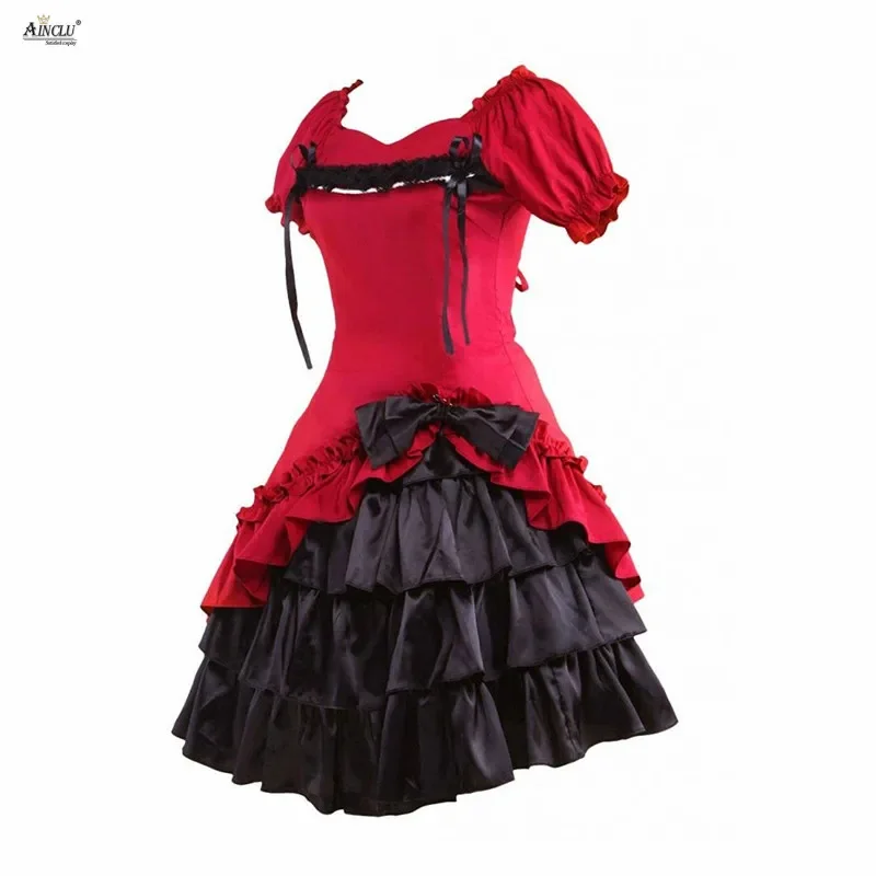 Ainclu lolita dress womens sweet dark red cotton short sleeves Lolita style Gothic girls party lolita dress XS-XXL