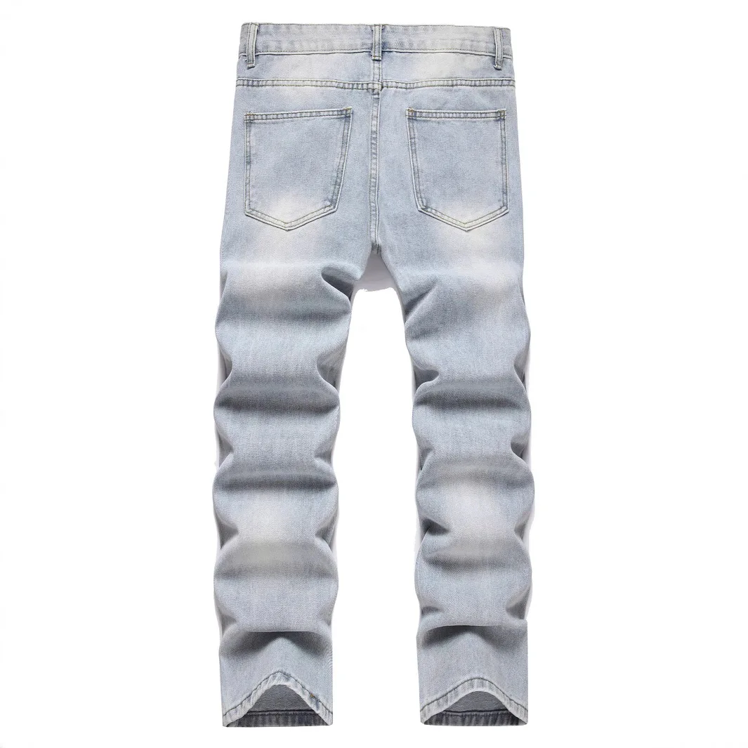 Men's Simple Washed Light Blue Loose Straight Jeans Wide Legs Ripped Handsome Denim Straight Pants