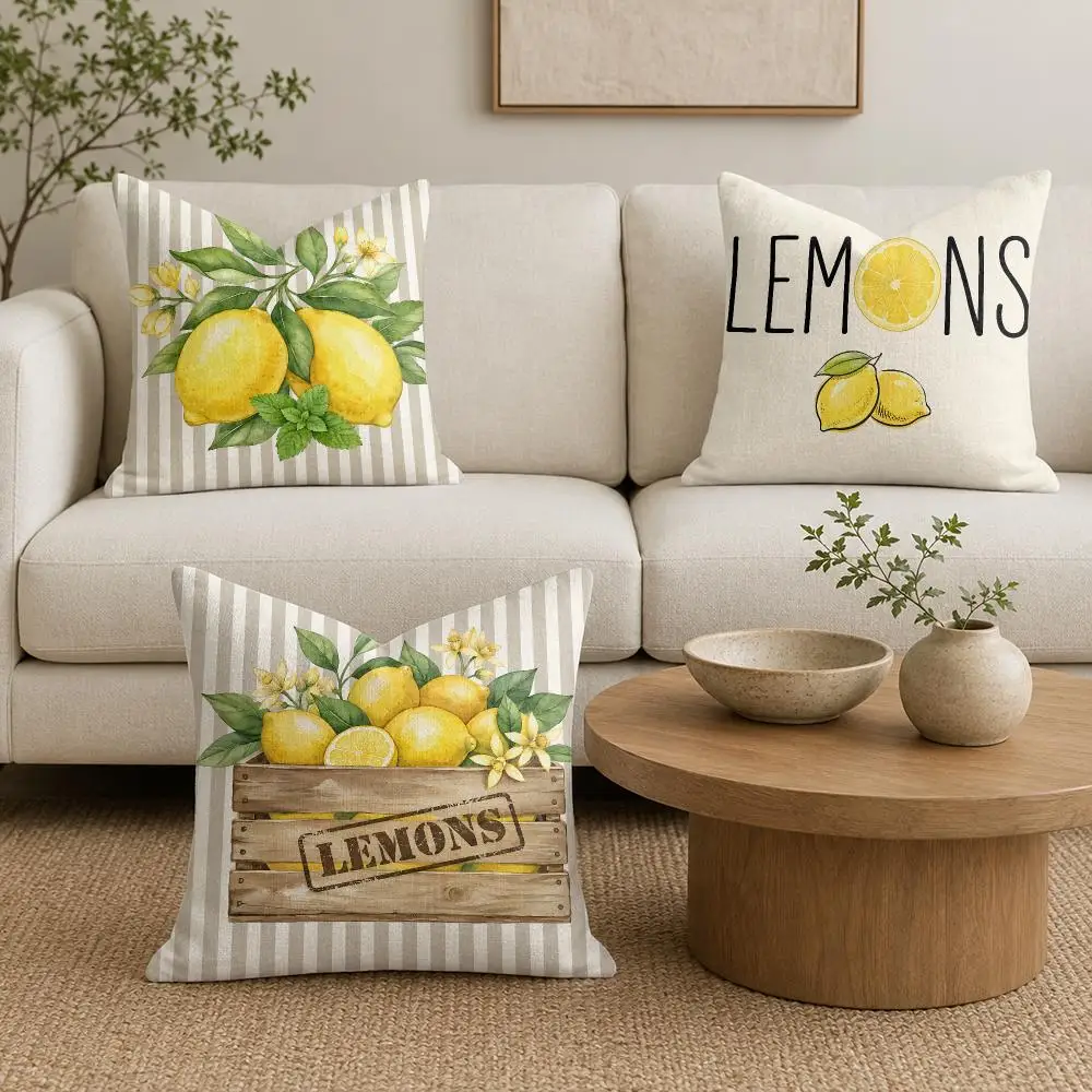 Summer Lemon Print Cushion Cover Natural Linen Organic Fabric Double-Sided Printing Sofa Home Decor Gift Pillow Cover