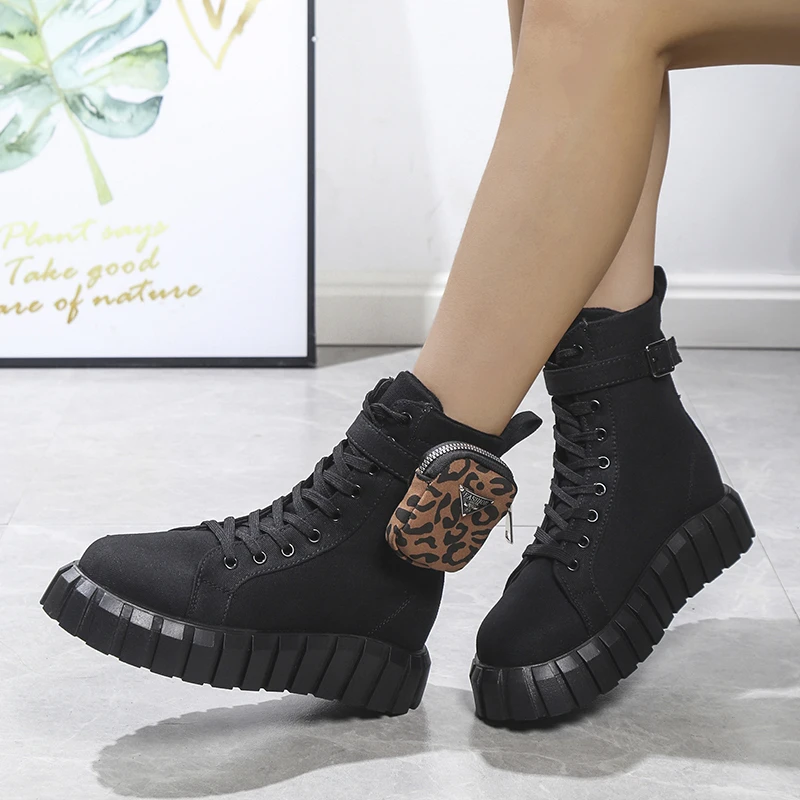 Size 43 Women's Boots 2022 Autumn Winter Short Boots Personalized Pocket Boots Fashion Leopard Print Women Boots Lace-Up