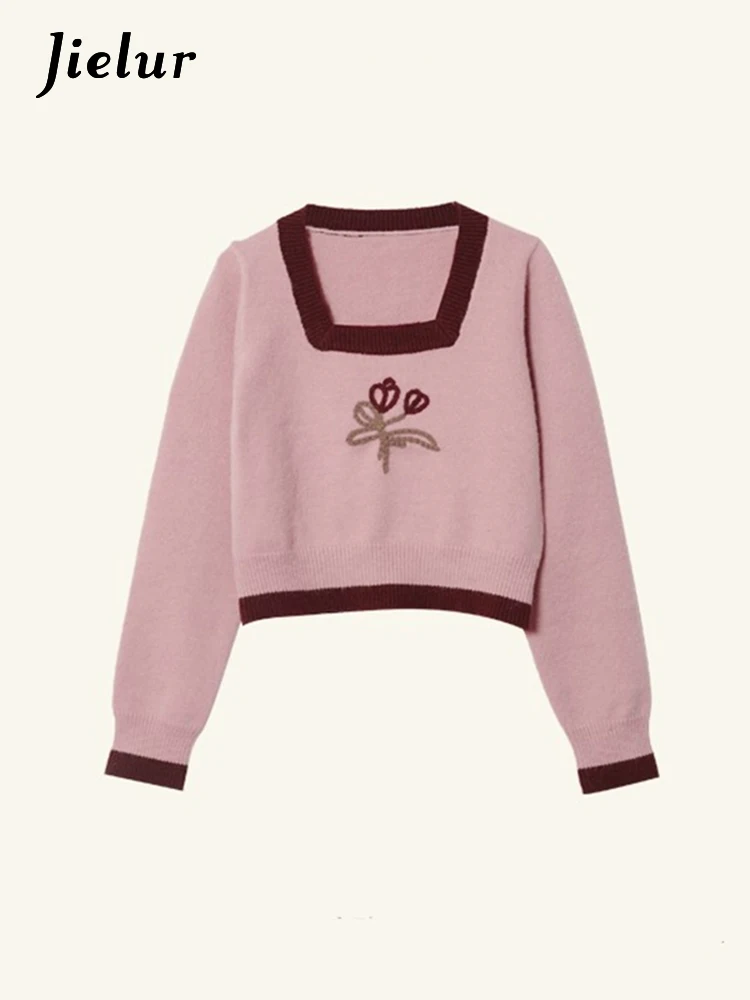 Jielur Autumn Winter New French Casual Pullovers Woman Sweet Ladies Street Knitted Women Pullovers Pink Loose Fashion Pullovers