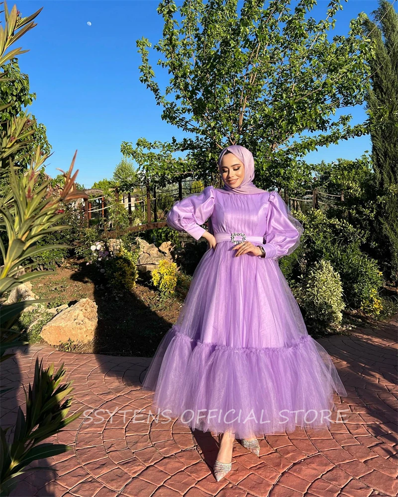 Vestidos de Fiesta de manga larga, vestidos de noche árabes lilas, longitud hasta el tobillo, vestido de graduación musulmán de Dubái, vestidos de ocasión a medida