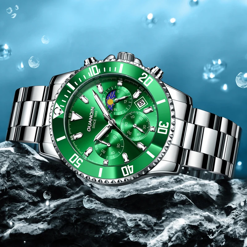 Guanqin 2024 New Men Quartz Watch  Fashion Green Watch Men\'s Waterproof Stainless Steel Watch Men Multifunctional Luminous Clock