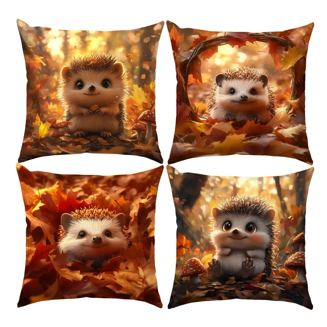45cm Autumn Animal Theme Throw Pillow Cover,Hedgehogs,Foxes,Rabbits in Warm Autumn for Home Room, Bedroom Sofa Decoration