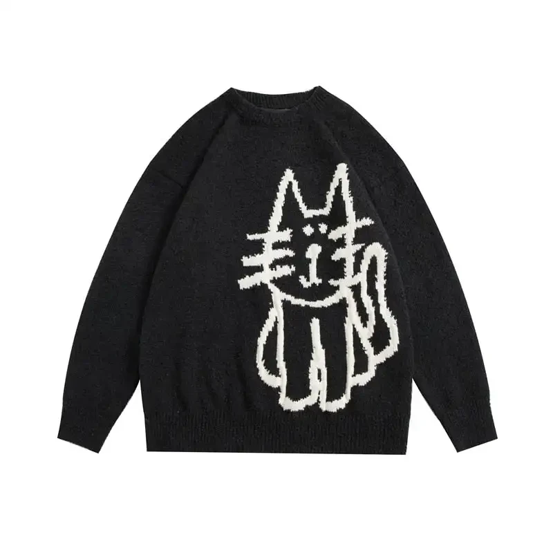 Sweater rajut atasan kasual baru musim gugur dan musim dingin 2024 sweater kucing lucu splicing atasan sweater hangat y2k modis niche