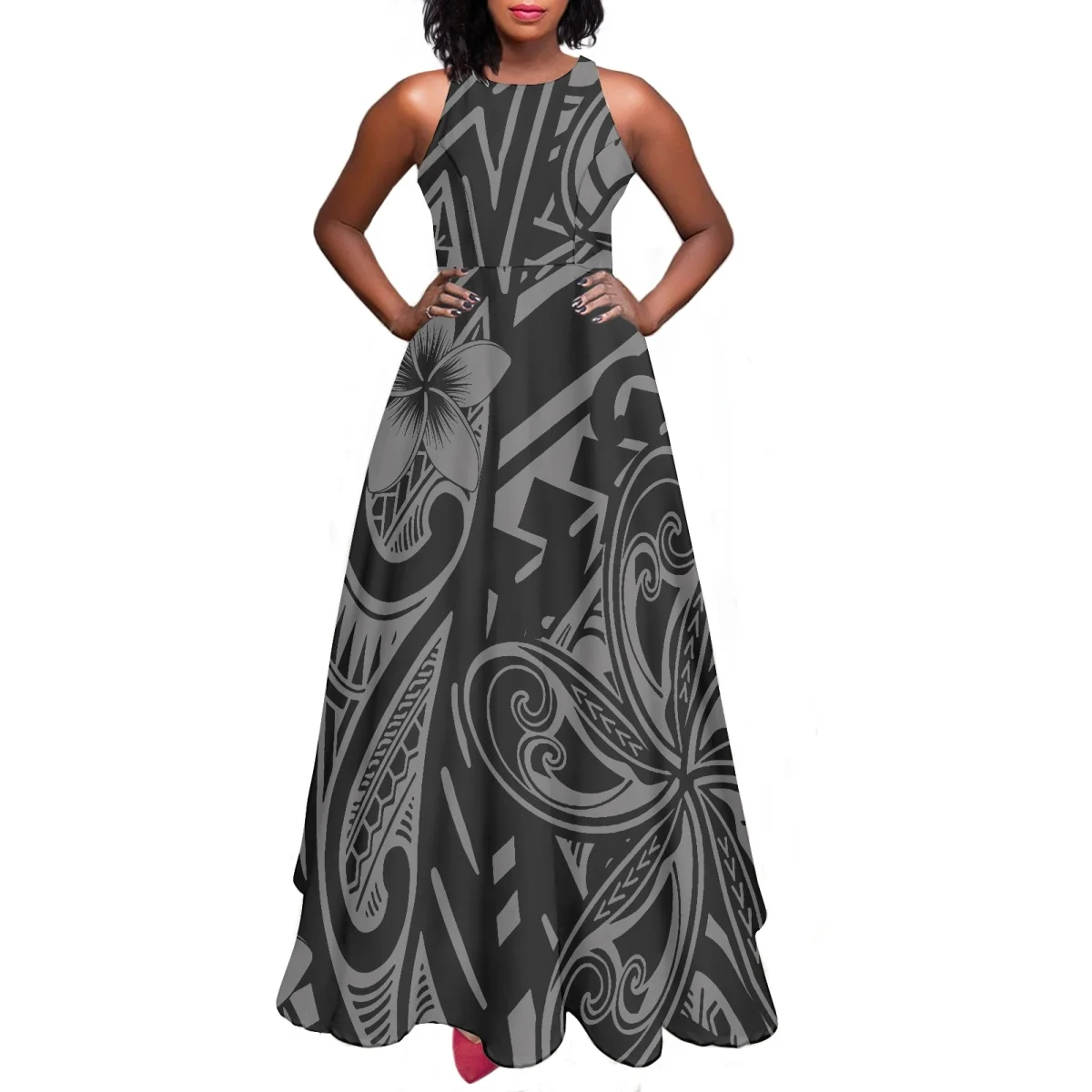 

Black Samoan Puletasi tribal print sleeveless dress women plus size dress custom design island prom dress