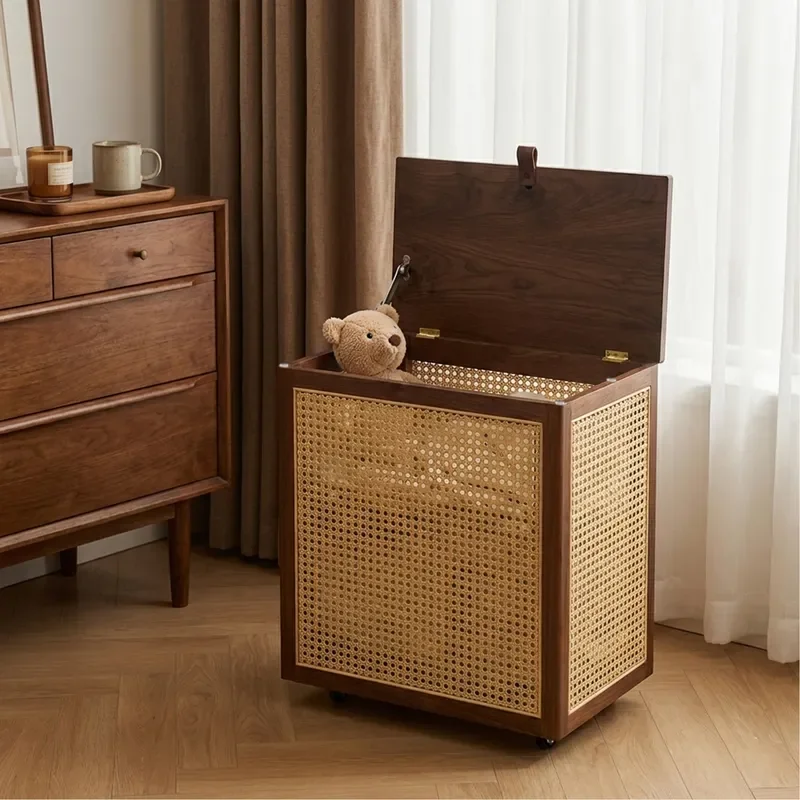 Luxury Black Walnut Rattan Laundry Basket with Lid and Wheels Hollow Woven Dirty Clothes Storage Bin for Bathroom Bedroom