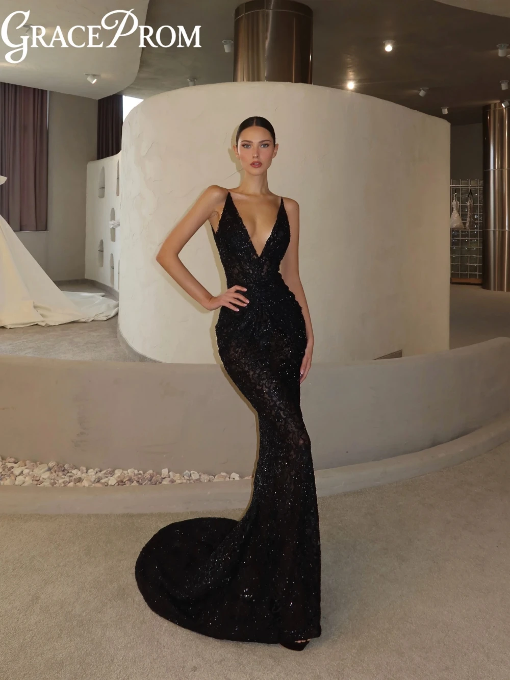 

Black Beaded Lace Mermaid Long Evening Dress Sexy Deep V-neck Thin Straps Wedding Party Gown Customized Charming Prom Dresses