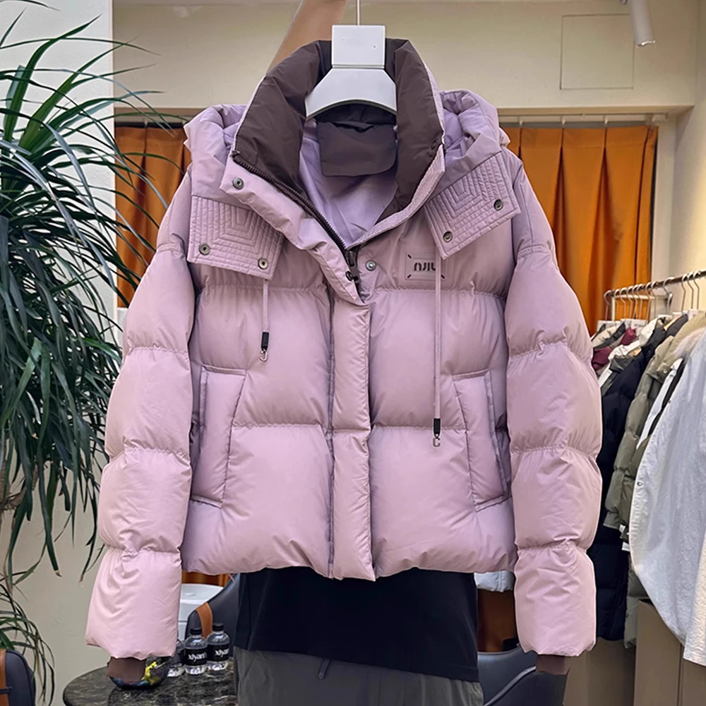 

Зимняя хлопковая куртка с капюшоном для женщин, шикарные контрастные короткие стеганые пальто с длинными рукавами, однотонная утолщенная теплая верхняя одежда