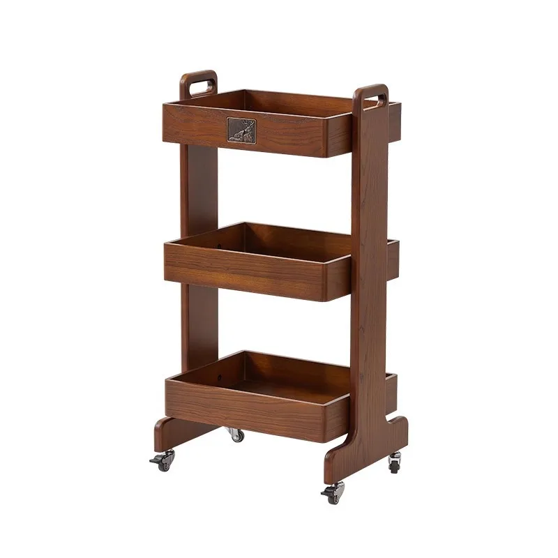 

Solid wood cart snack rack living room movable sofa afternoon tea side table kitchen fruit and vegetable storage rack
