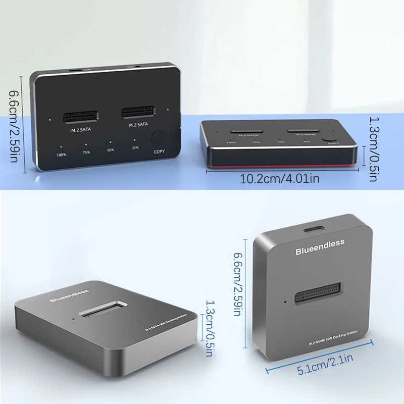 Dual Bay SSD Hard Disk External Box SATA NGFF/NVME M.2 Efficient Heat Docking Station&Data Store Clone Function