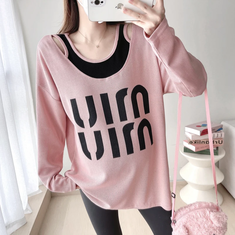 Autumn Pregnant Woman Faux Two Pieces Top Fashion Printing Long Sleeve Pullovers Patchwork Tank Top Loose Casual Maternity Shirt