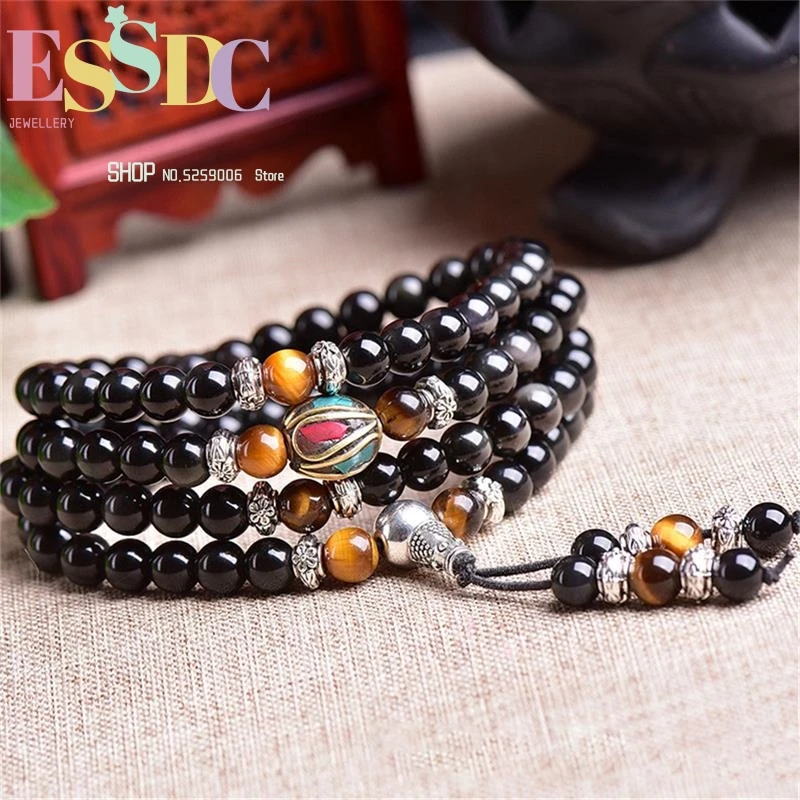 

Fashion 6mm Natural Rainbow Obsidian 108 Beads Prayer Mala Energy Tiger Eye Stone Meditation Bracelet or Necklace Wholesale