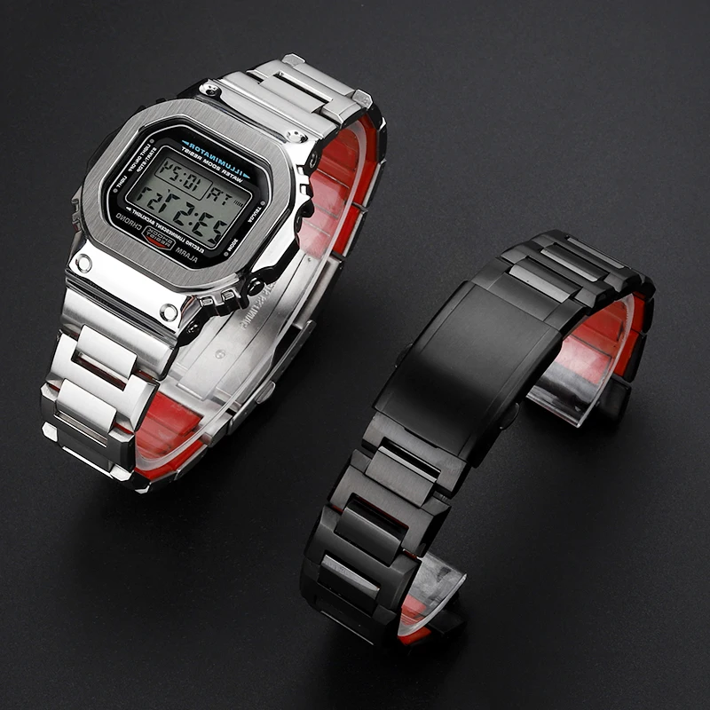 DW-5600 Stainless Steel Watch Strap Case For G-SHOCK 3229 Casio DW5600 GW-B5600 GW-M5610 Modified Red Bottom Bezel Watchband