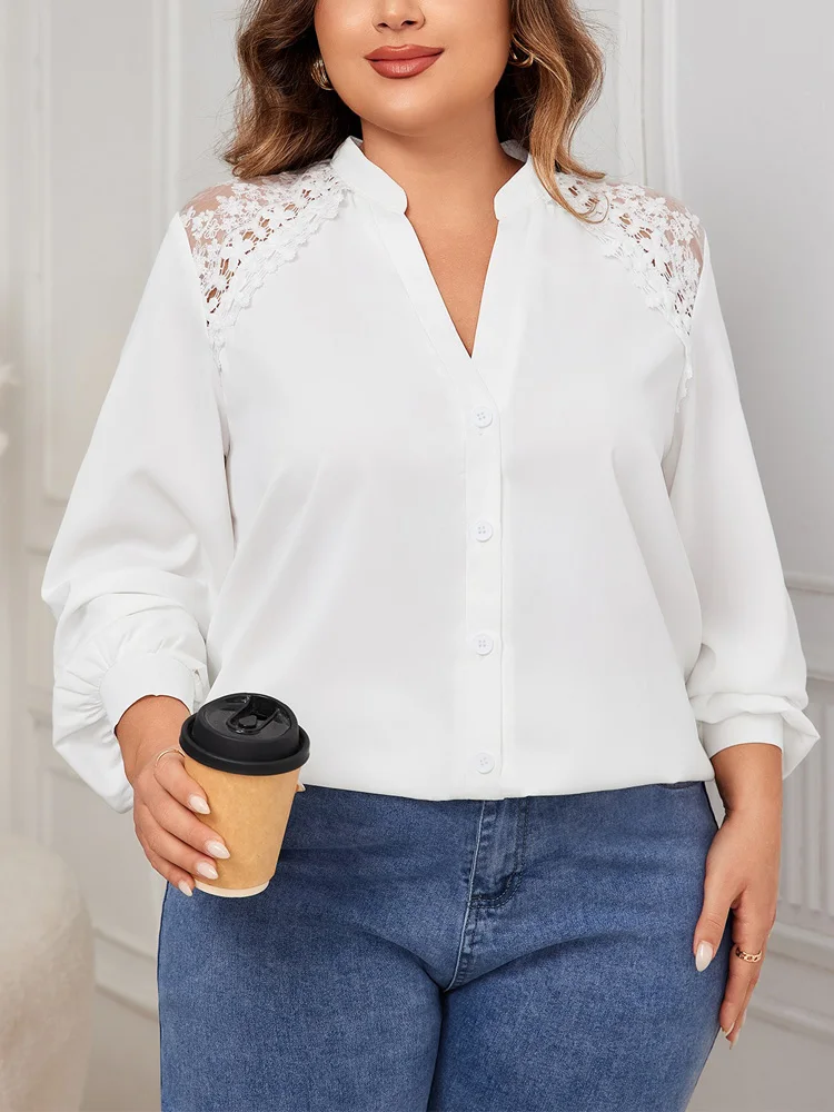 GIBSIE Plus Size Notched Neck Contrast Lace Mesh White Shirt Women Autumn New Lantern Sleeve Office Casual Button Up Shirts Tops