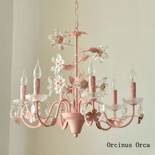European style creative Pink Crystal Flower Chandelier living room dining room Girl Bedroom personality romantic  Chandelier