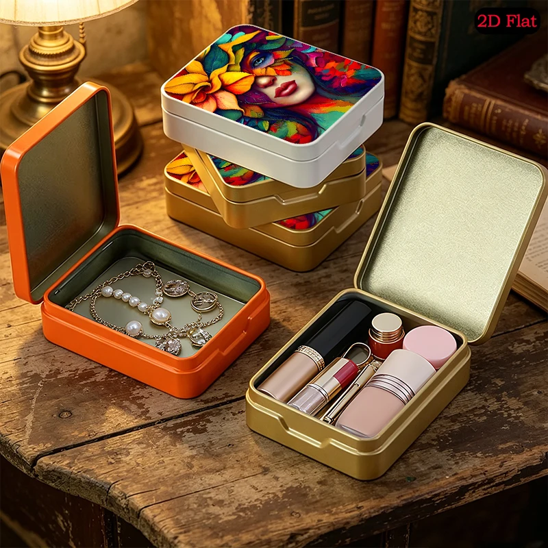Colorful Floral Face Portrait Theme Portable Flip Top Decorative Tin Box, Multi-scene Metal Tin for Gift Box, Bookshelf Decor