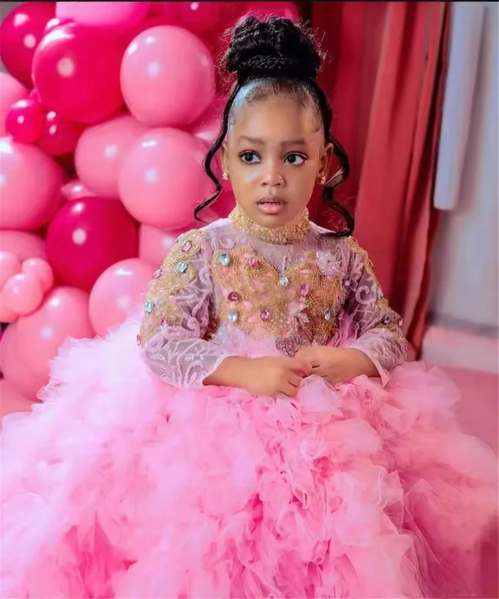 

Custom Pink Flower Girl Dress for Wedding First Christmas Party with Beaded Bodice Long Sleeves and Voluminous Ruffled Tulle