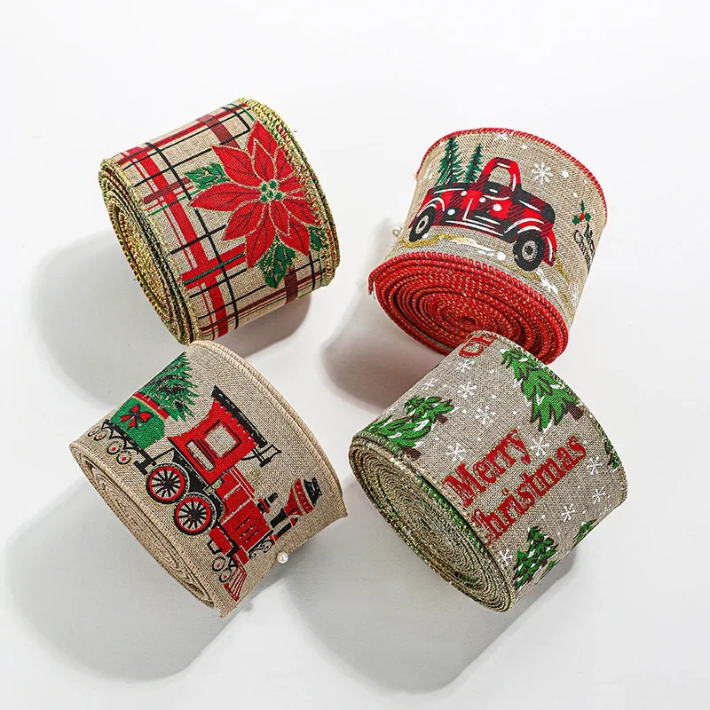 2M Christmas Ribbon Imitation Linen Ribbon Decoration Bow Accessories Snowflake Christmas Ribbon 2024 New Spot Wholesale