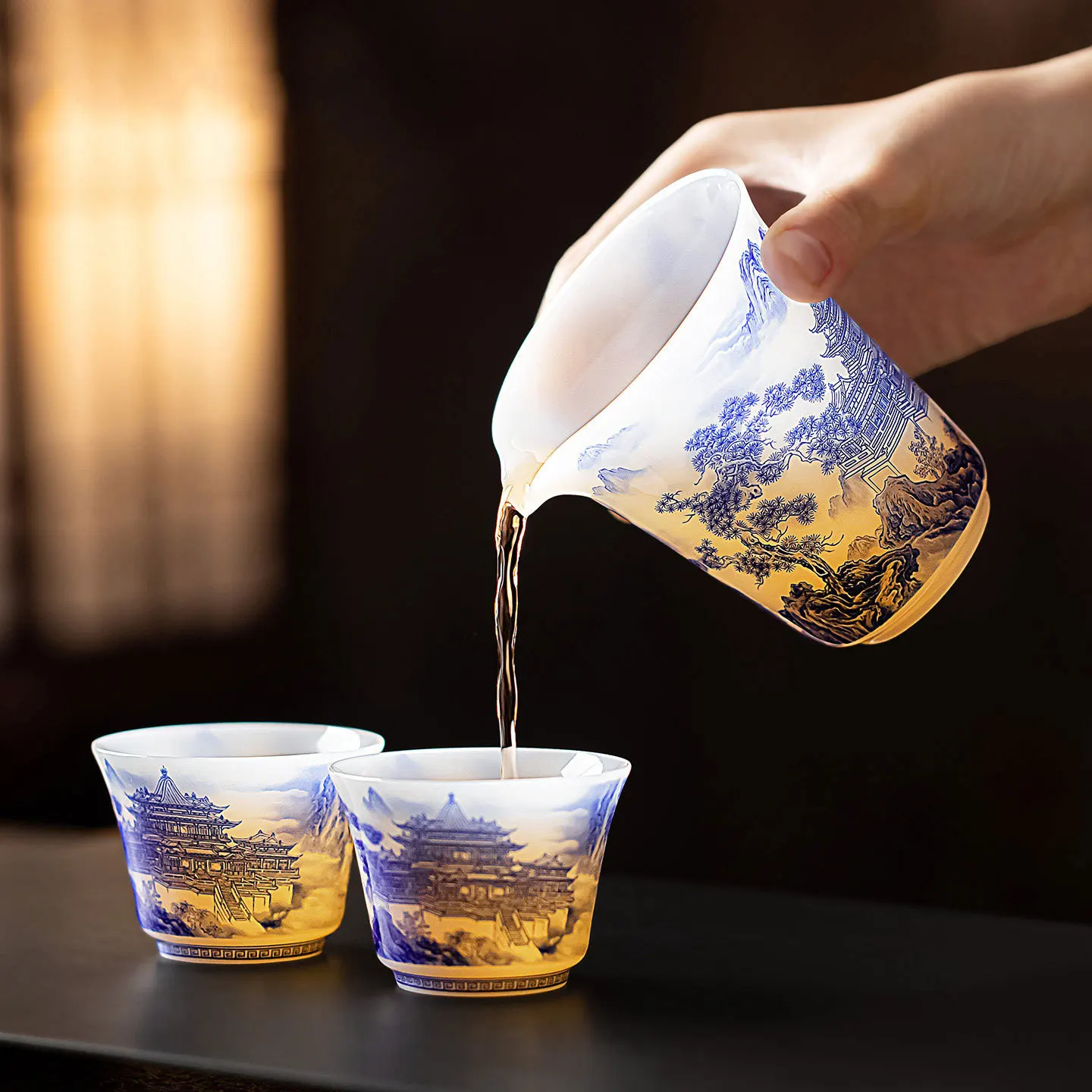 Ice blue and white landscape tea set, ceramic household set, high-end tea set for elders and fathers