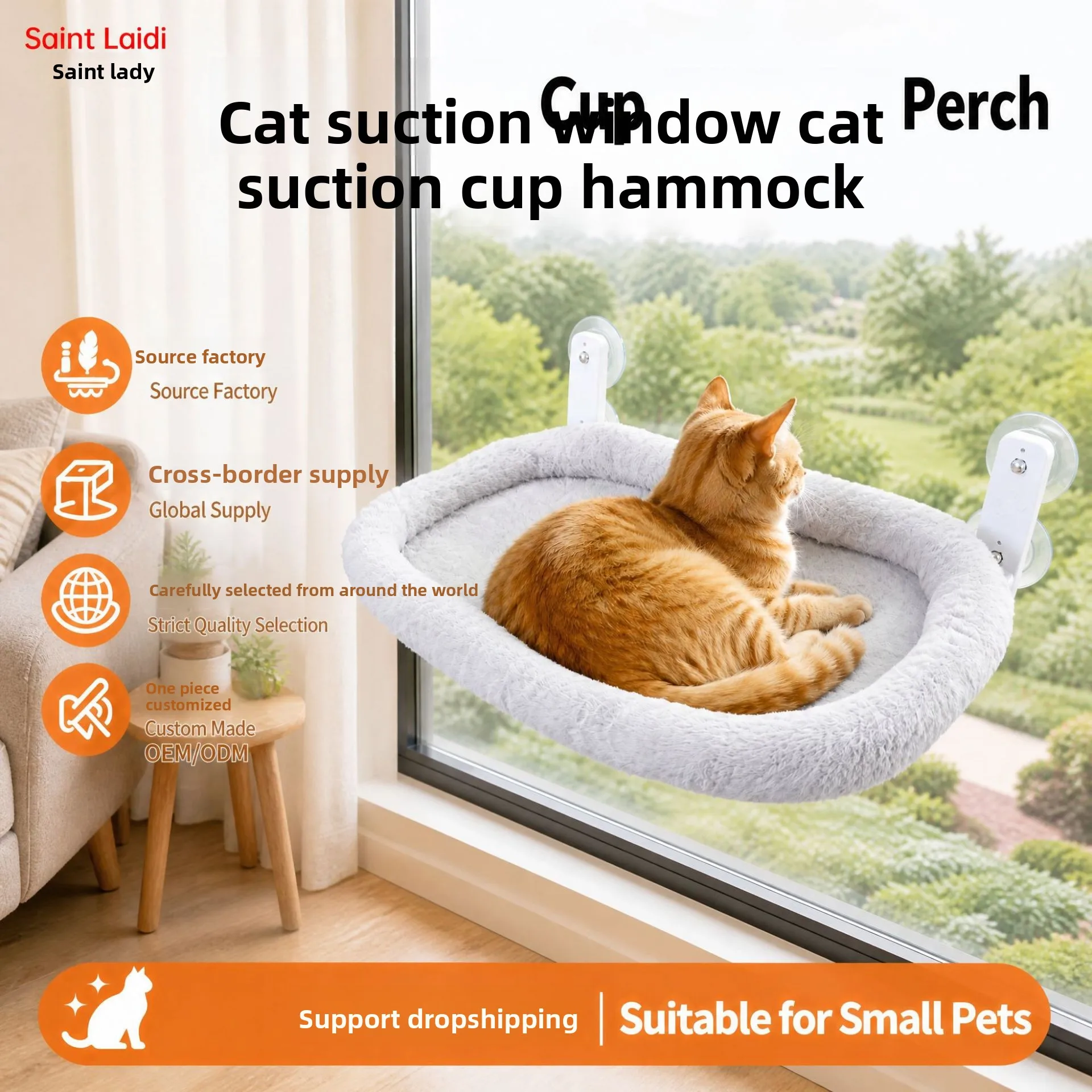 Large Oval Suction Cup Cat Window Hammock Washable Indoor Perch Small Medium Cats Space-Saving Sunbathing Platform Gray Fabric