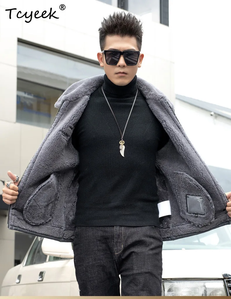 Tcyeek Natural Sheep Fur Coat Men Winter Clothes Warm Lamb Wool Mens Coats Real Leather Motorcycle Jacket Trendy Мех Натуральный