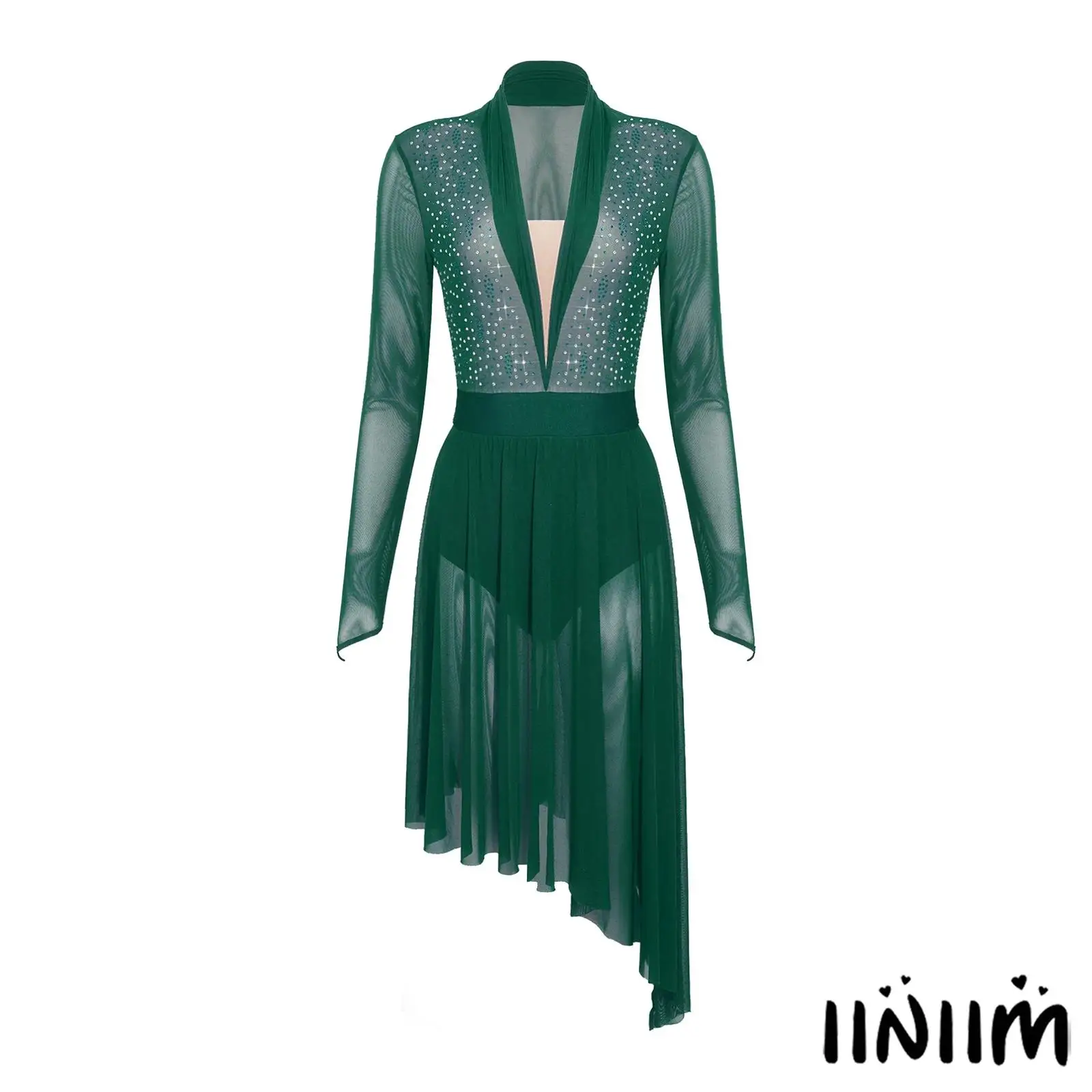 

Womens Flowing Jazz Dance Dress Long Sleeve Shiny Rhinestones Dresses Elegant Modern Ballet Dance Costume Lyrical Dancewear