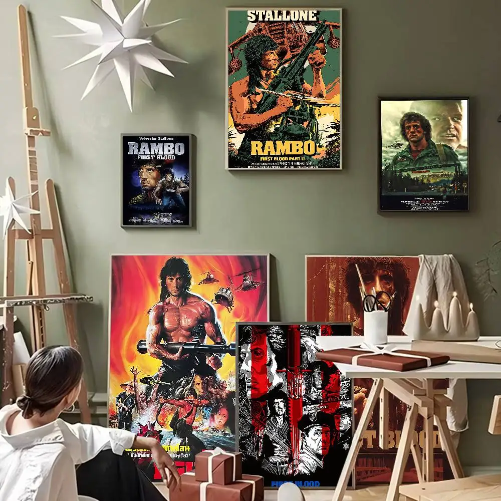 Klassischer Film Rambo First Blood Selbstklebendes Kunstposter, HD-Qualität, Wandkunst, Retro-Poster für Heimdekoration