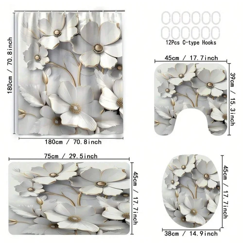 

4 шт., набор занавесок для душа в современном стиле с 12 крючками, противоскользящий коврик для ванной комнаты, U-образный коврик для унитаза, набор занавесок для ванной комнаты