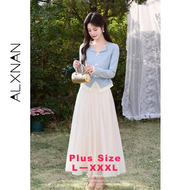 

ALXNAN Plus Size Women's Blue T-shirt Fake Two-Piece Lace Splicing Women's Long Sleeve Tees French Style Bow Female Tops D62122