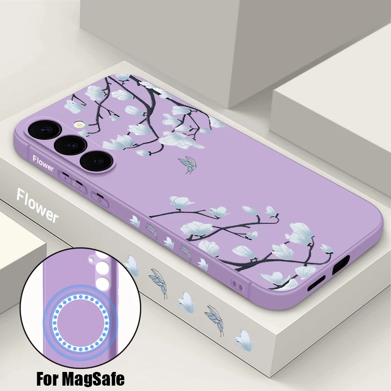 Magnolia Flower Phone Case For Samsung Galaxy S23 S24 S22 S21 Ultra Plus S20 S23 FE Magnetic For Magsafe Wireless Charge Cover