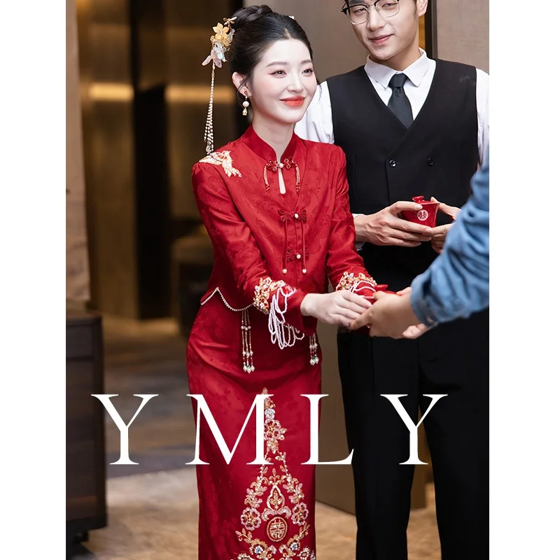 

New Chinese Sle Wedding Dr Set Red Wine Color Bridal Suit for Returning Home ter Wedding Cus Made Long Evening Gown