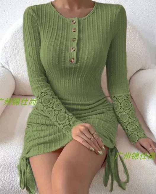 Women's Round Neck Lace Long Sleeve Bodycon Tight Hip Wrap Dress Button O Neck Mini Dress