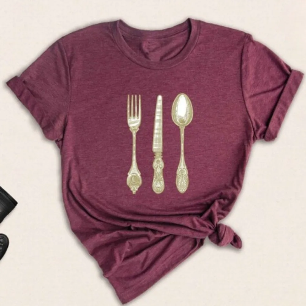 Retro Cutlery T-Shirt Vintage Fork Chef Tee Foodie TShirt Food Lovers Short-sleeve Gastronome Blouse Women Casual Cotton Tops