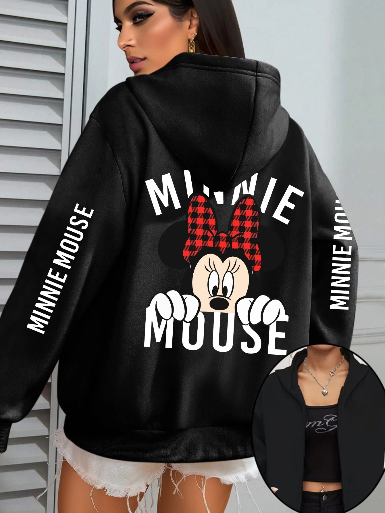 

Disney Minnie Mouse Bow Zipper Hoodies Fleece Sweatshirt Fleece Women's Men Cotton Autumn Winter Pullover Oversized Coats Tops