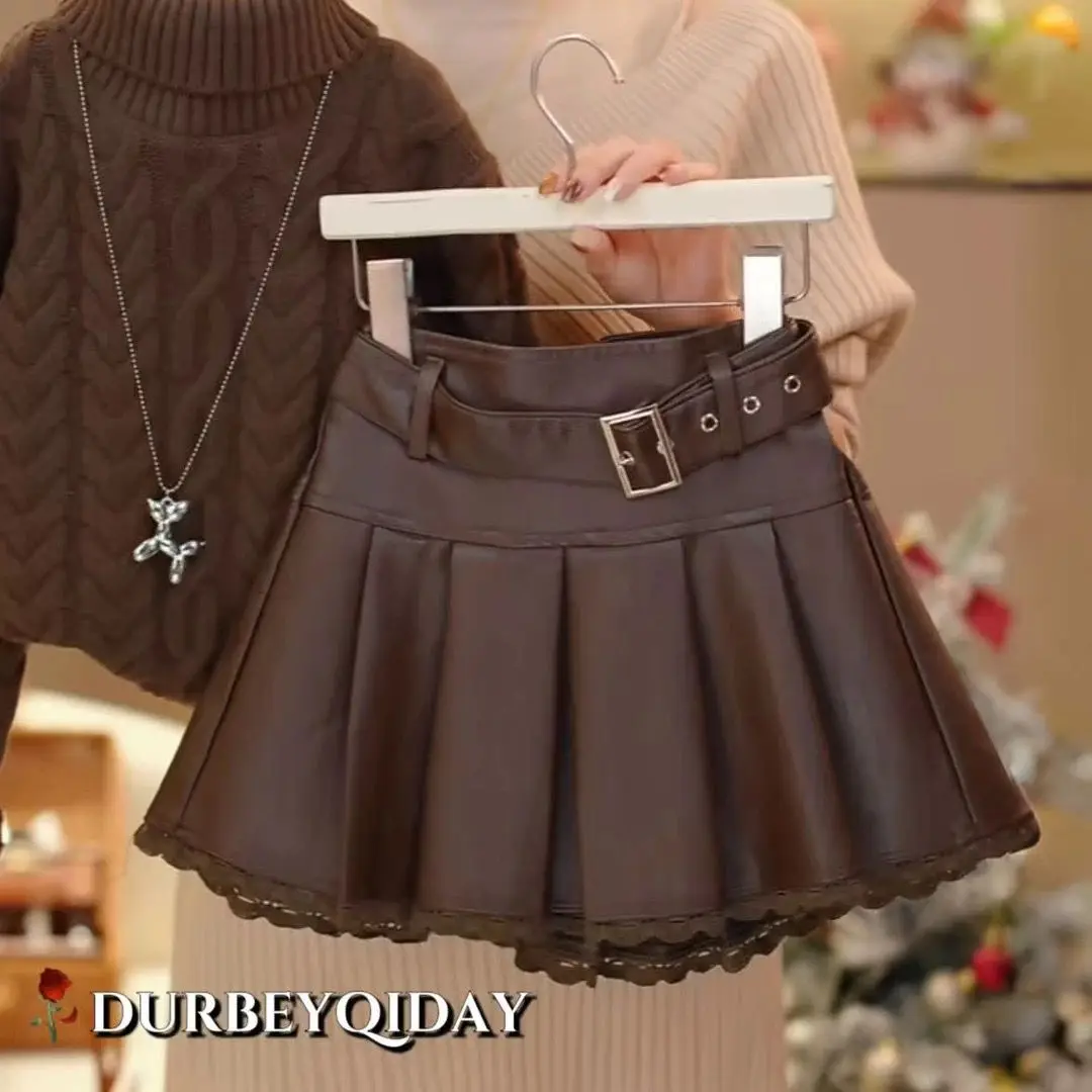 Girls Spring Autumn Winter Sweater Set 2026 New Fashionable Children Versatile Thick Sweater Lace Leather Skirt Two Piece Set