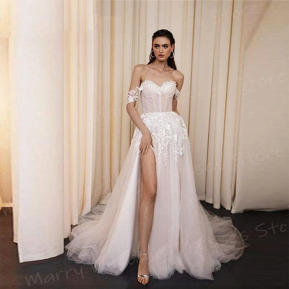 

Fascinating A Line Women's Wedding Dresses Elegant Lace Appliques Bride Gowns With Detachable Sleeve Sexy Split Abiti Da Sposa