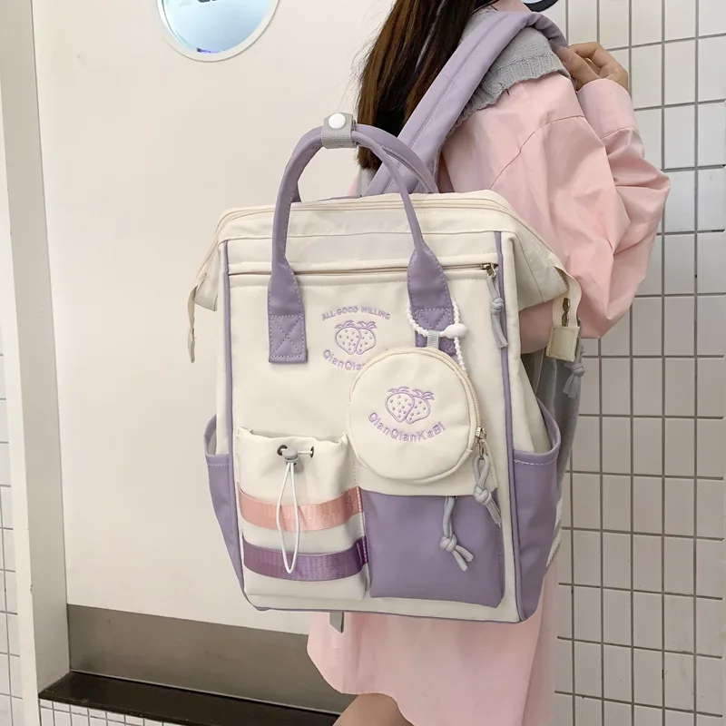 

Minimalist Purple-White Backpack For Women Durable Casual Rucksack With Strawberry Embroidery & Pocket Detail