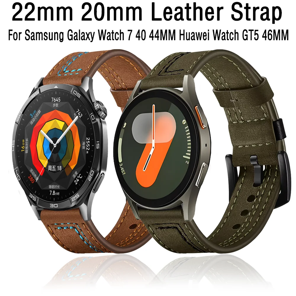 Кожаный ремешок 22 мм 20 мм для Samsung Galaxy Watch 7 6 5 4 40 мм 44 мм Браслет-браслет для Huawei Watch GT5 GT4 46 мм Браслет Correa