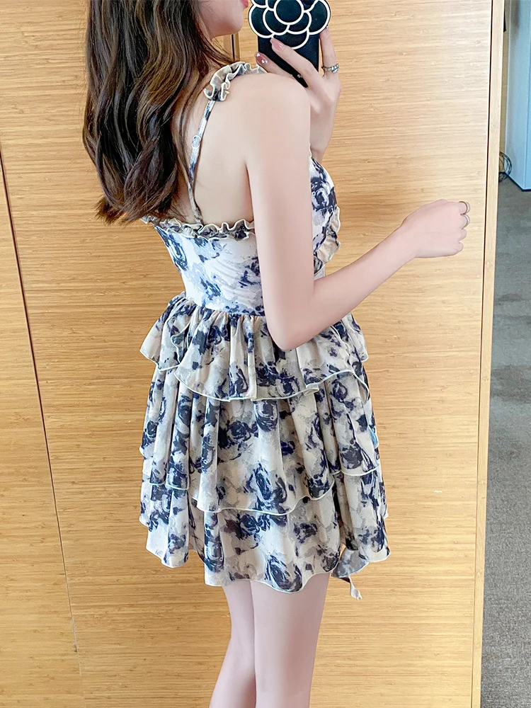 Dulce elegante Floral volantes conservador Retro vestido de pastel con tirantes 2025 nuevo traje de baño de una pieza con cordones de cintura alta para niñas verano