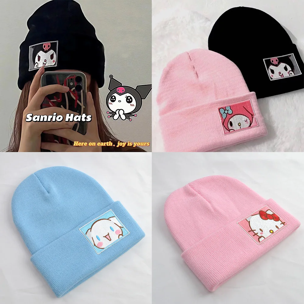 

Вязаная шапка с вышивкой Sanrio Kawaii Melody Cinnamoroll Hello Kitty Kuromi, теплая шапка для пар, осенне-зимняя шапка, подарки для девочек