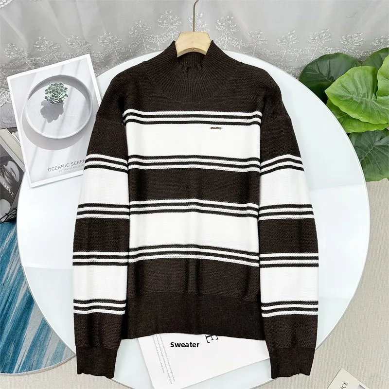 

Удобный вязаный свитер с высоким воротом и полосками, свободного кроя, женский, осенний, новый стиль, повседневный, с длинными рукавами, стандартной длины