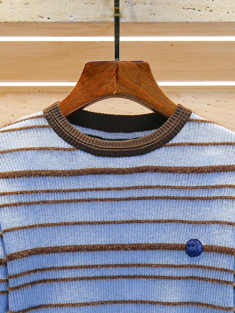 Doux Preppy Sle couleur Blo rayé coupe ajustée haut en tricot pour les femmes fibre de Polyester longue Sve ronde Ne ort longueur