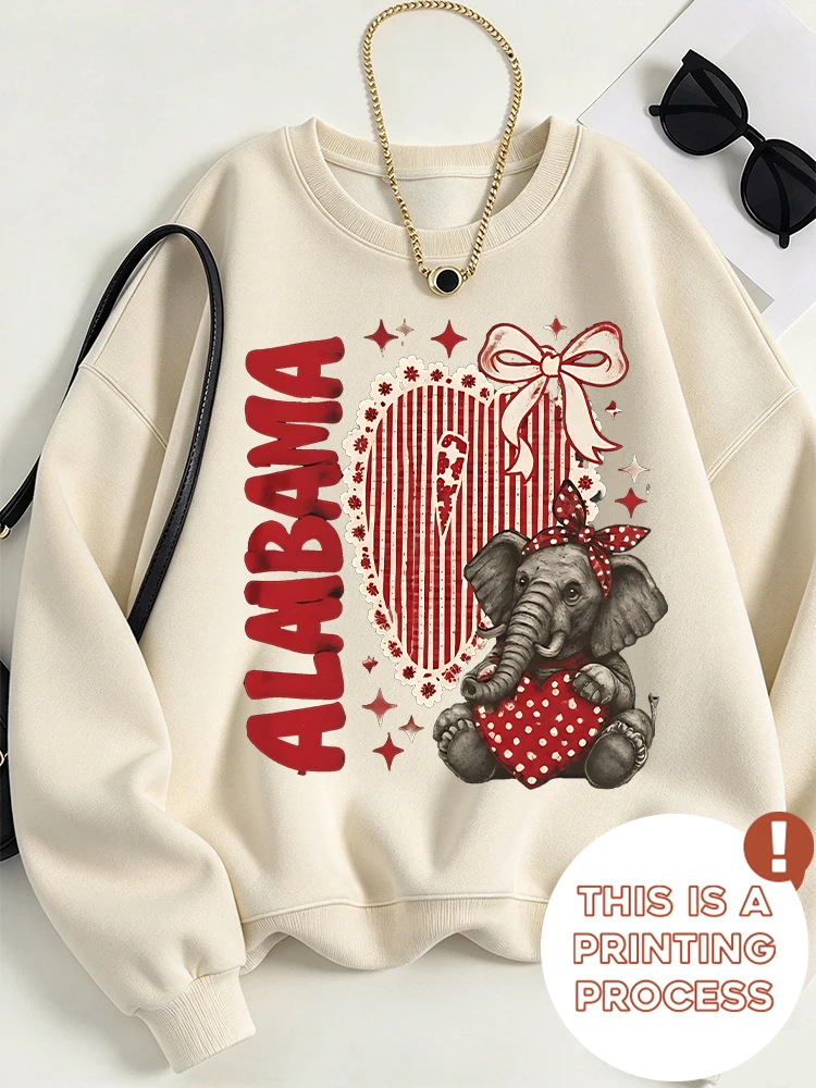 Alabama Vintage Elephant Heart Bow Graphic Crewneck Sweatshirt Creative Retro Print Long Sleeve Pullover Soft Comfortable Machine Washable Fall Winter Casual Tops For Women Local Warehouse Fast Shipping