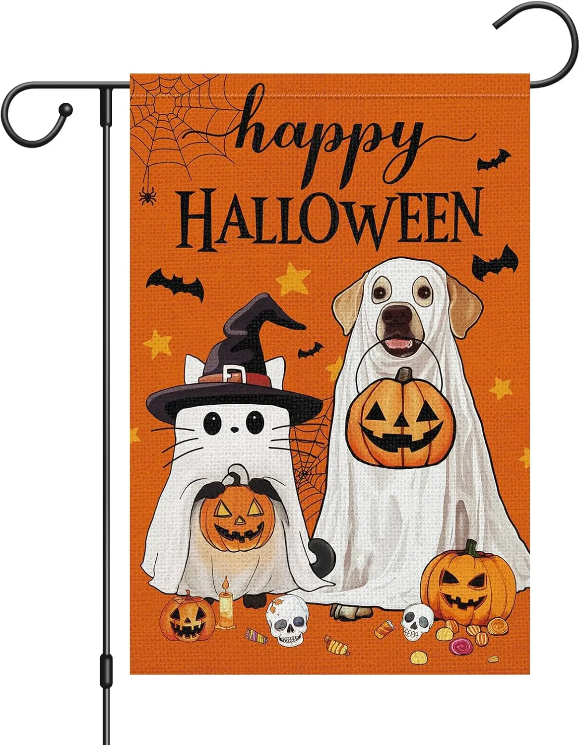 Happy Halloween Garden Flag 12x18 Inch Double Sided，Dog Cat Witch Hat Pumpkin Small Burlap Yard Flag for Outdoor Holiday Hom KZA