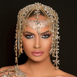 Women Exotic Leaf Rhinestone Tassel Belly Dance Head Cap Hat Jewelry Luxury Crystal Hair Accessory for Party Wedding Showing