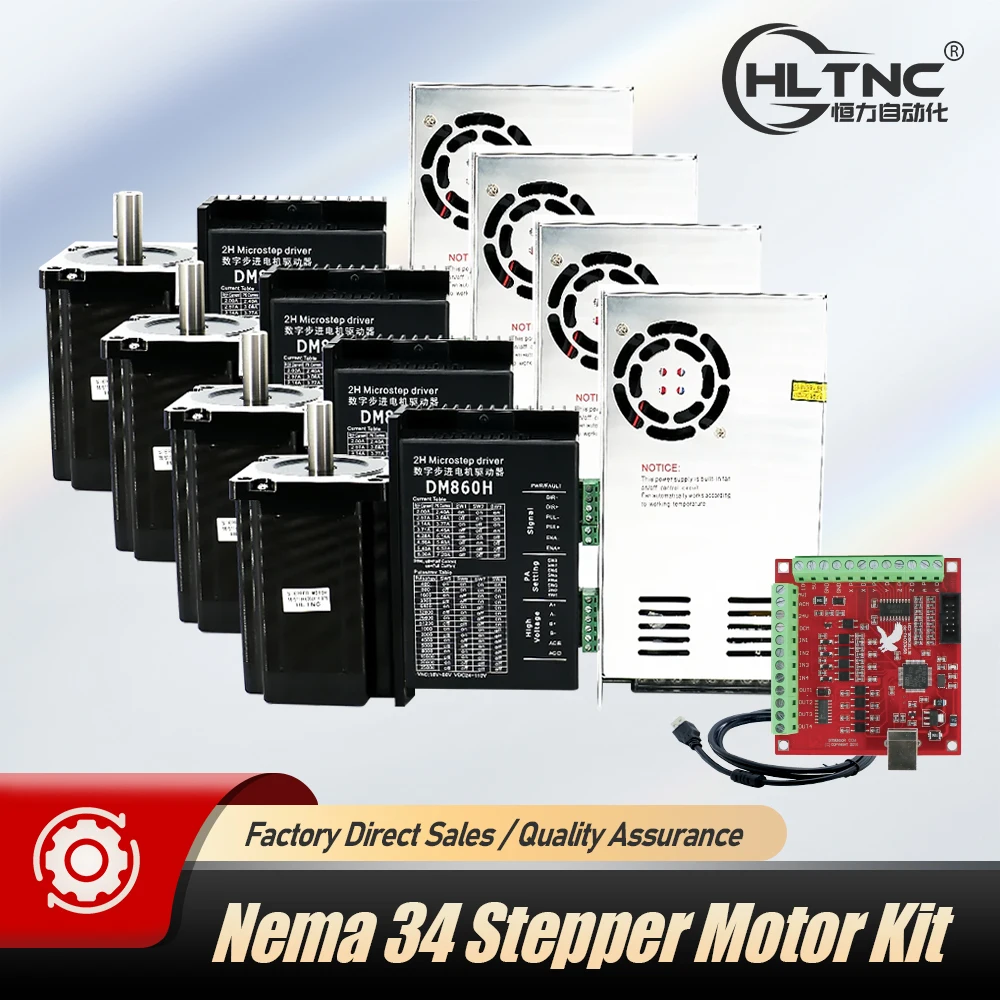 

4-осевой Nema 34 86 x 118 мм 8.5N 4-осевой шаговый двигатель + драйвер двигателя 7,2 А DM860H + источник питания 400 Вт 60 В + коммутационная плата для ЧПУ