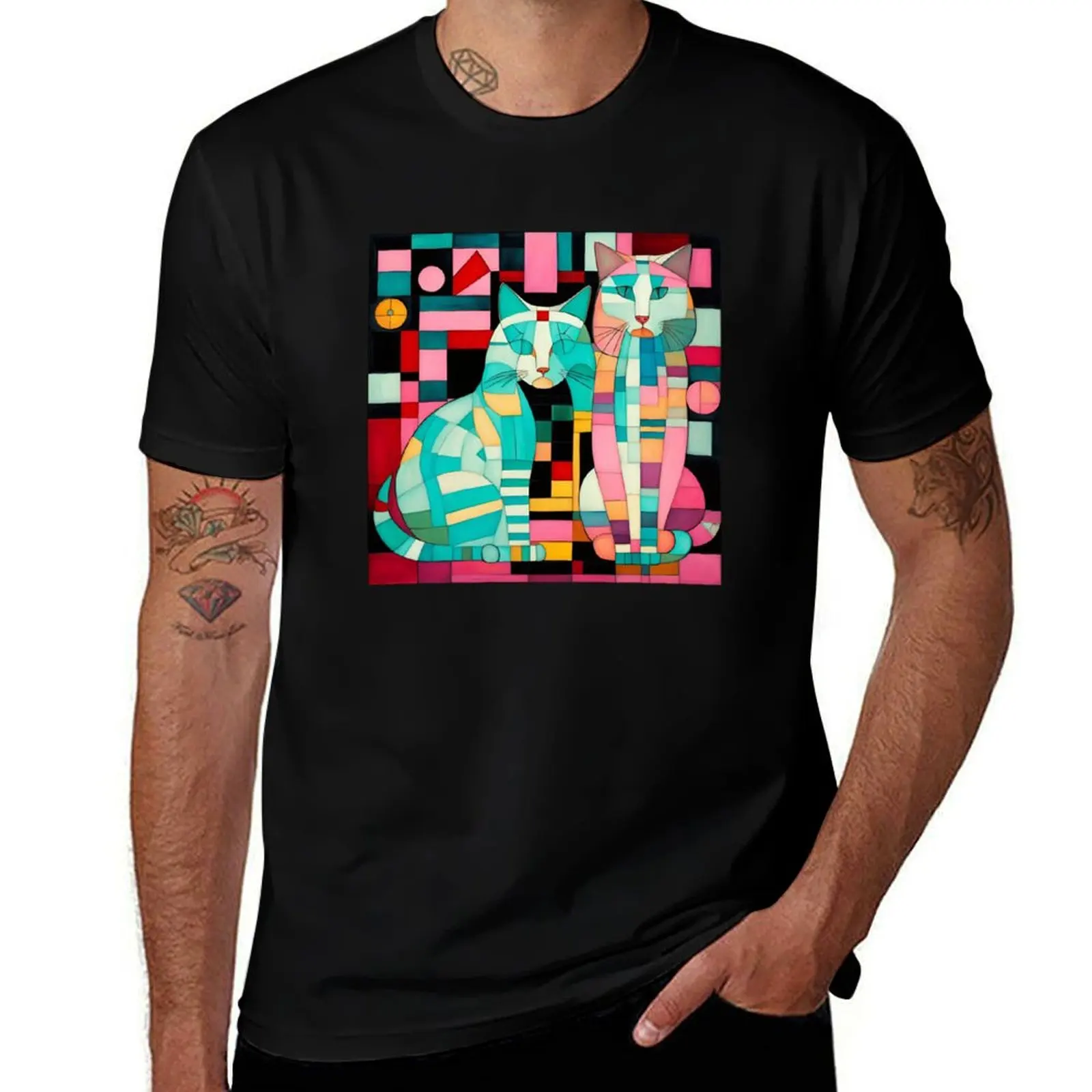 

Beautiful cats on a checkerboard background in shades of turquoise and pink. T-Shirt Urban Style Print T-Shirt
